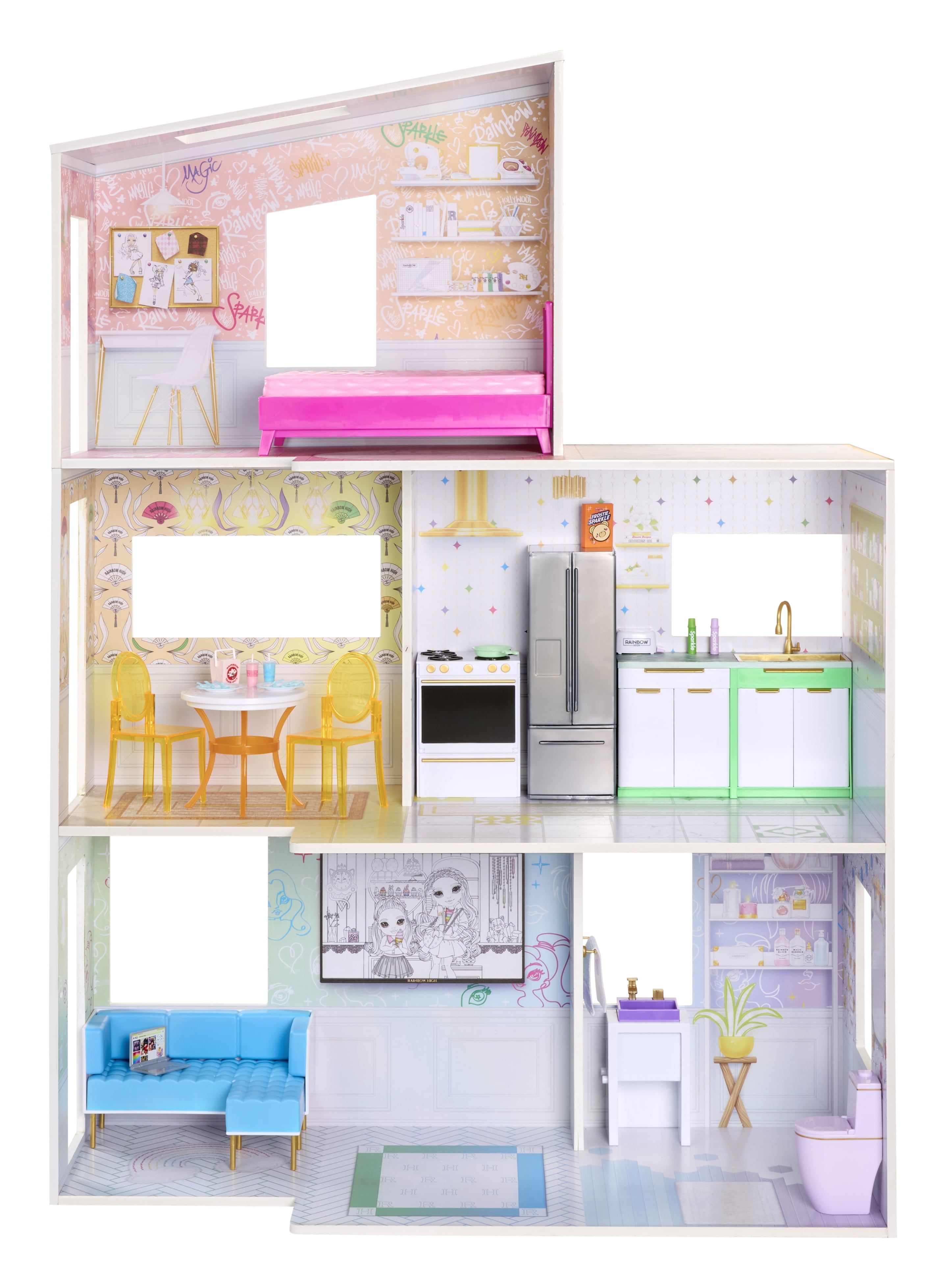 Rainbow High Color & Play 3-Story Doll House, Design All Walls & Floors with Washable Markers, Furniture