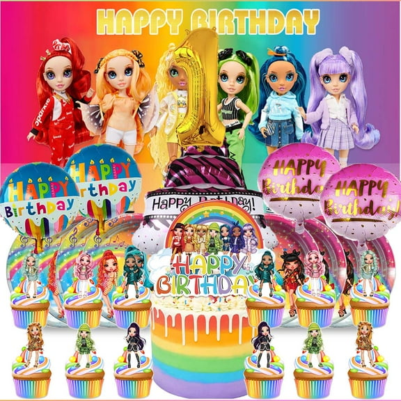 Rainbow High Dolls 1st Tableware Balloons Cake Toppers Backdrop Banner Supplies Party Decor Plates Decorations