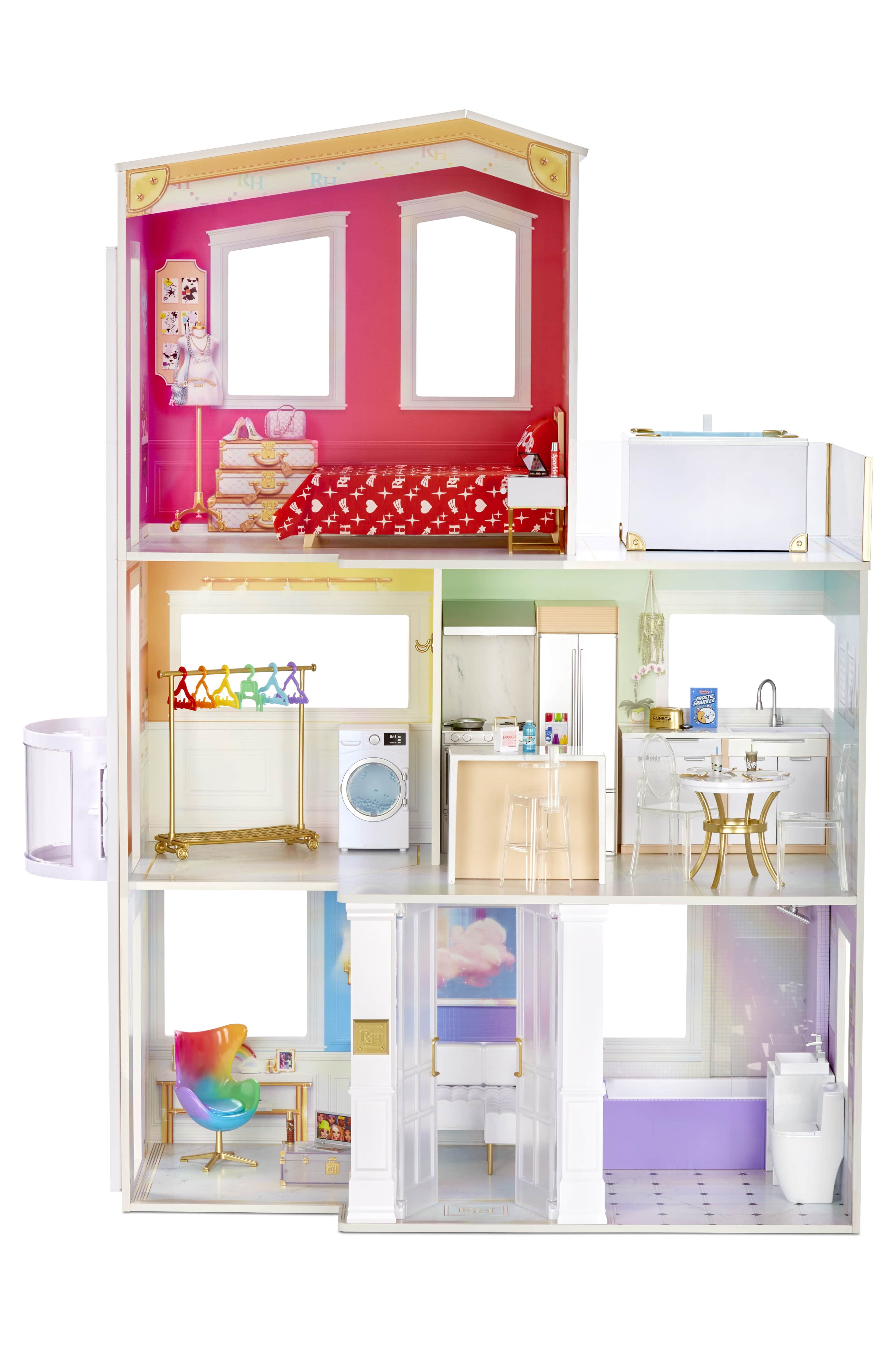 Rainbow High House Playset- 3-Story Wood Doll House (4-ft Tall & 3-ft  Wide), Fully Furnished