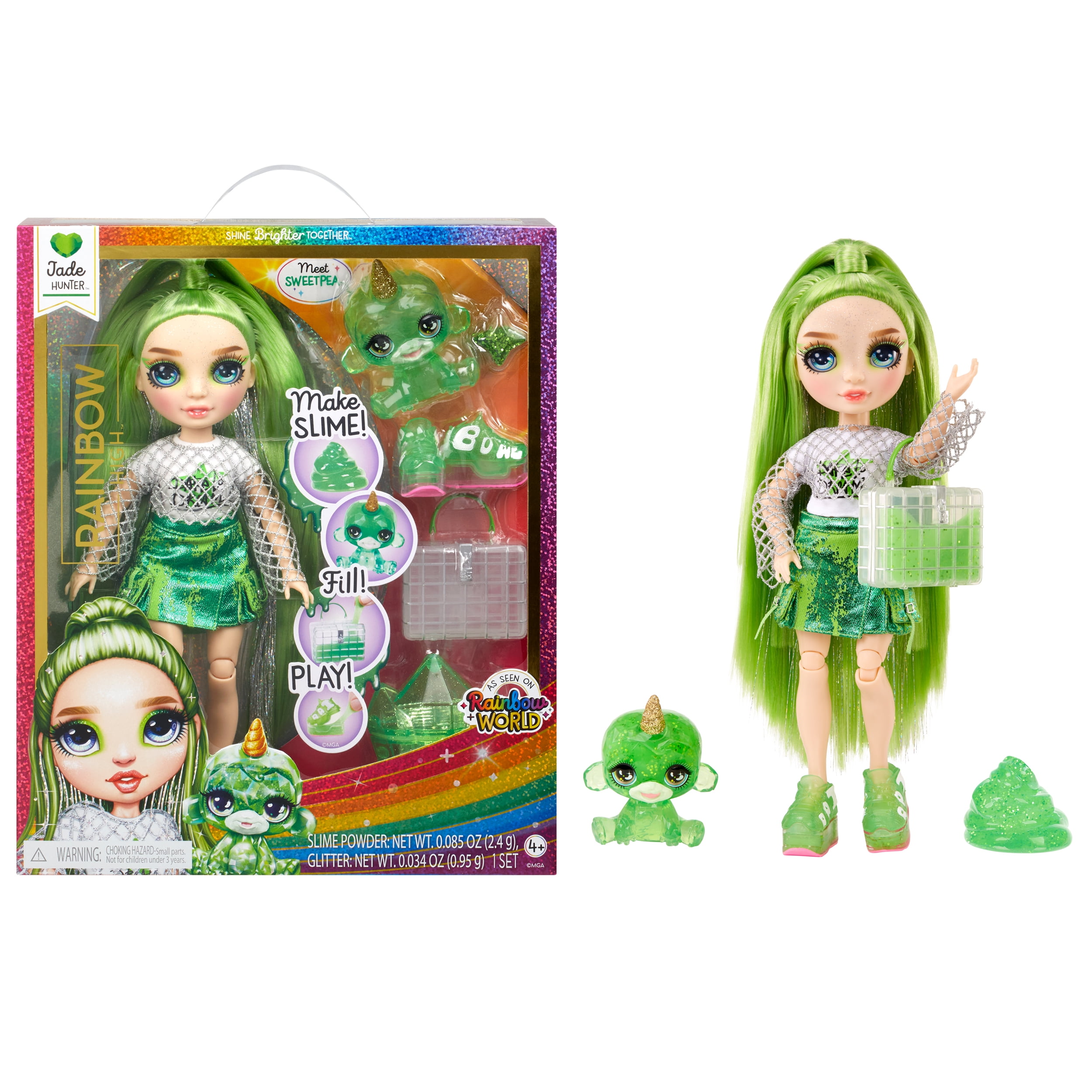 Rainbow High Jade (Green) with Slime Kit & Pet, 11 Shimmer Doll, DIY Sparkle Slime, Magical Yeti, Kids Gift 4-12