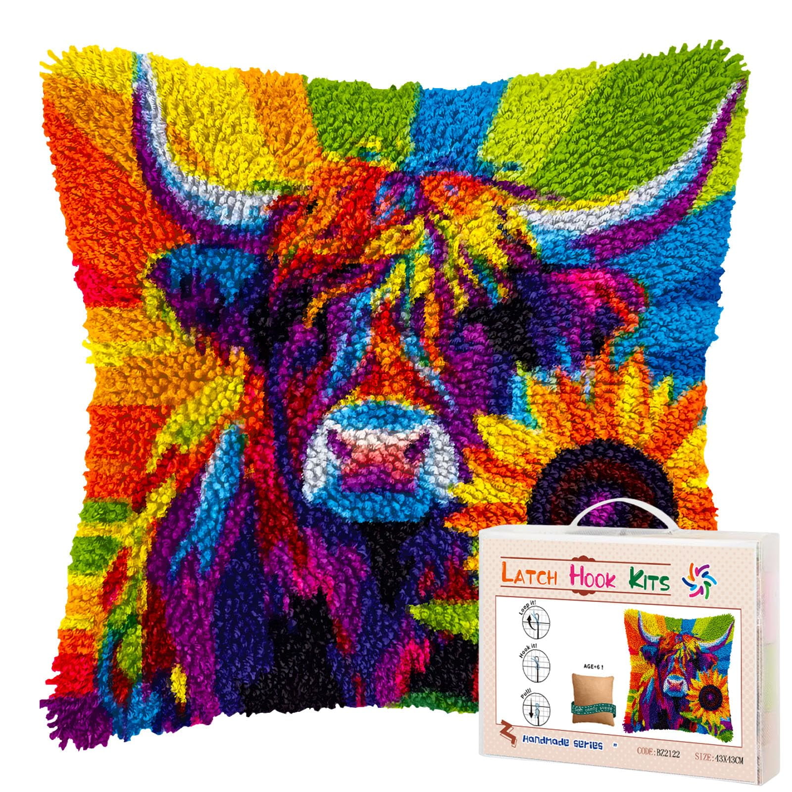 Rainbow Highland Cow and Sunflower DIY Latch Hook Pillow Kits for Adults Printed Pillowcase Crochet Yarns Hooking Handmade Pillow Cover Cushion for Home Sofa Decoration 17x17inch