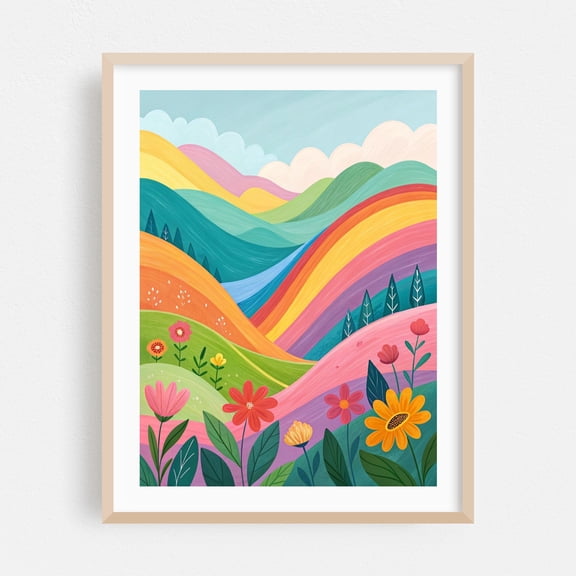 Rainbow Hills Blossom - Illustration Floral Landscape Nature Pastel Scenic Oak Framed Wall Art Print 5 x 7 inches