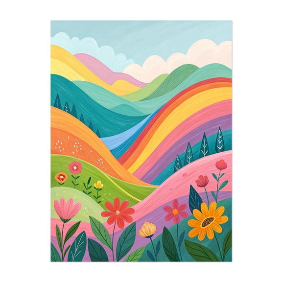 Rainbow Hills Blossom - Illustration Floral Landscape Nature Pastel Scenic Unframed Wall Art Print 36 x 48 inches