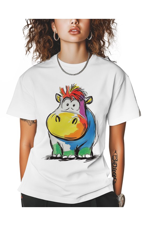 Rainbow Hippo T Shirts for Women Short Sleeve Cotton Crewneck T-Shirt Graffiti Watercolor Tee Tops Casual Basic T-Shirts, XS-5XL White 3XL