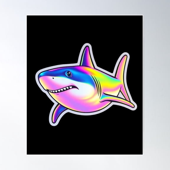 Rainbow Holographic Great White Shark Sticker Poster Wall Art, Modern Wall Decor For Living Room Bedroom, 12x18 UNFRAMED
