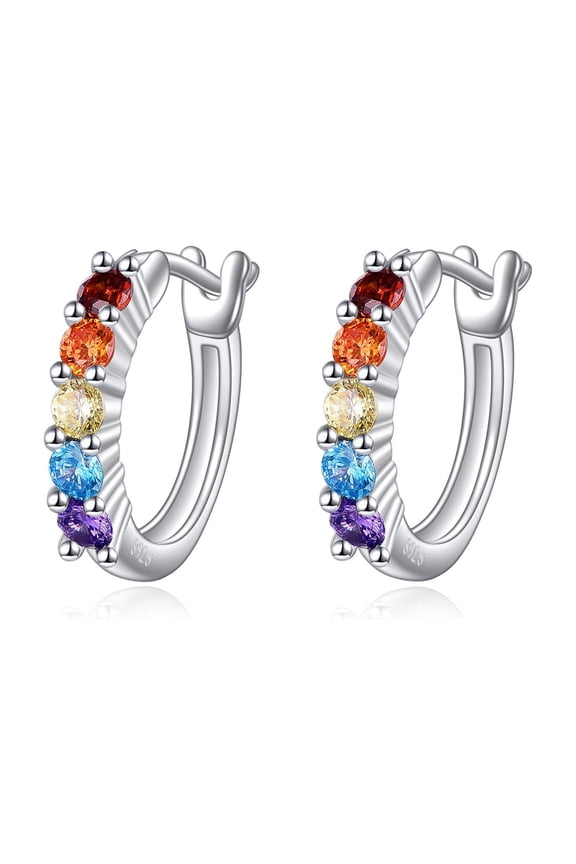 Rainbow Hoop Earrings S925 Sterling Silver Pride Colorful Cubic Zirconia Huggie Hoop Earrings Jewelry Gift for Women