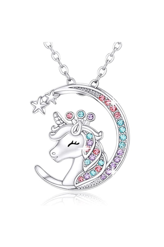 Unicorn Necklace for Woman Colorful Crown Crystal Moon Love Silver Chain Necklaces Jewelry Birthday Christmas Love Family Gifts