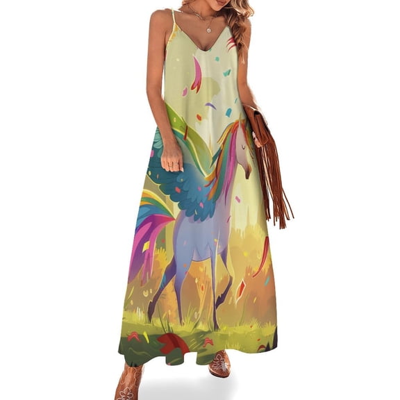 Rainbow Horse with Wings Design Sleeveless Dress Woman Fashion Long Dresses Women's Summer Suit Dress 2025