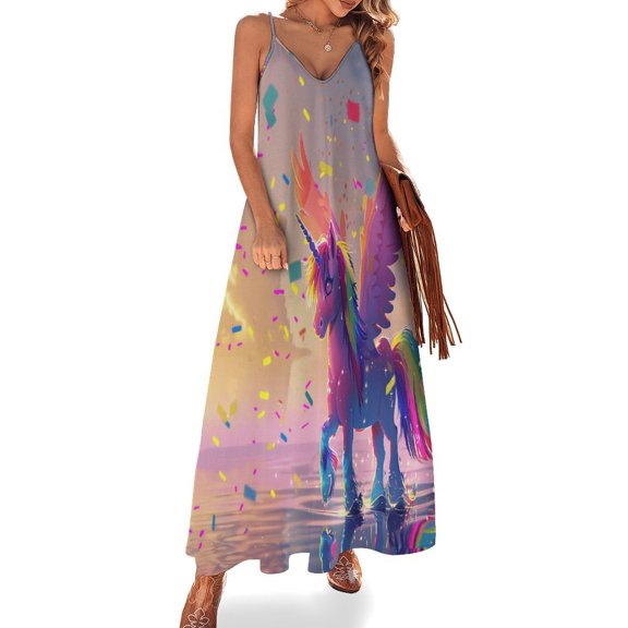 Rainbow Horse with Wings Fine Art Sleeveless Dress Summer Dress Woman 2025