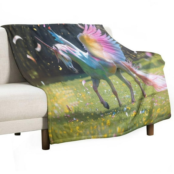 Rainbow Horse with Wings Flannel Blanket Lightweight Blanket for Couch Sofa Bed, Super Soft Cozy Print Warm Blanket