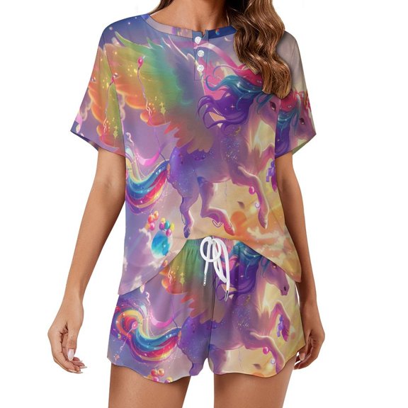 Rainbow Horse with Wings Pajama Set for Women 2 Piece Sleepwear Loungewear Short Sleeve