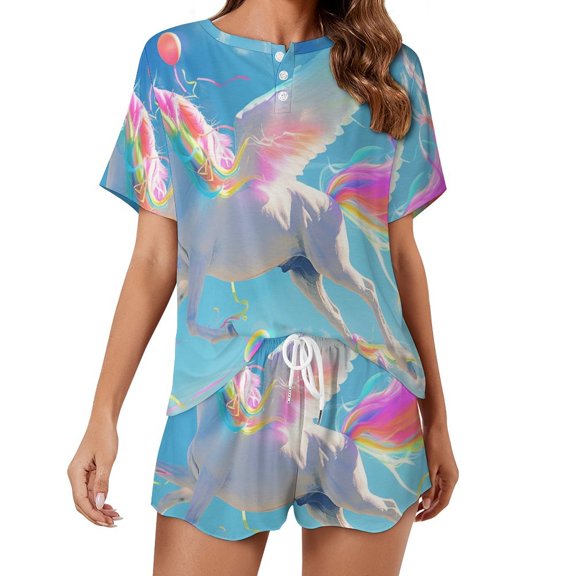 Rainbow Horse with Wings Print Women'S Pajamas Set Summer Sleepwear Sets 2 Piece Lounge Set