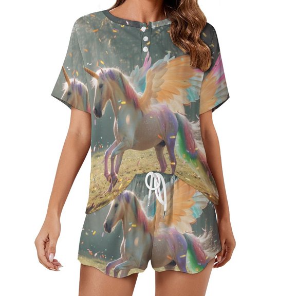Rainbow Horse with Wings Print Women'S Pajamas Set Summer Sleepwear Sets 2 Piece Lounge Set