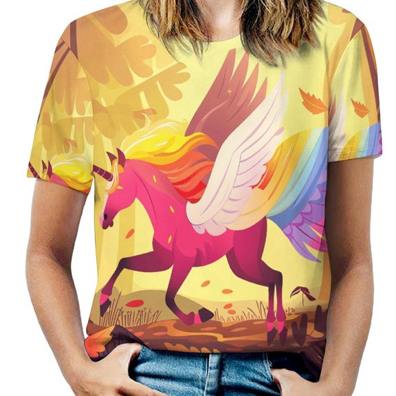 Rainbow Horse with Wings T Shirts Basic T-Shirt Short Sleeve Ladies Tee Shirt Summer Graphic Clothing
