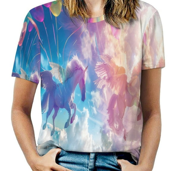 Rainbow Horse with Wings T Shirts Basic T-Shirt Short Sleeve Ladies Tee Shirt Summer Graphic Clothing