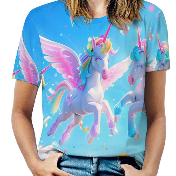 Rainbow Horse with Wings T Shirts Basic T-Shirt Short Sleeve Ladies Tee Shirt Summer Graphic Clothing