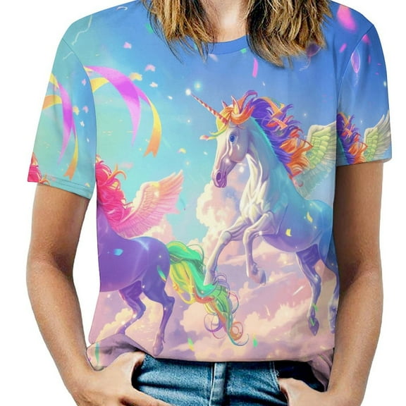 Rainbow Horse with Wings T Shirts Basic T-Shirt Short Sleeve Ladies Tee Shirt Summer Graphic Clothing