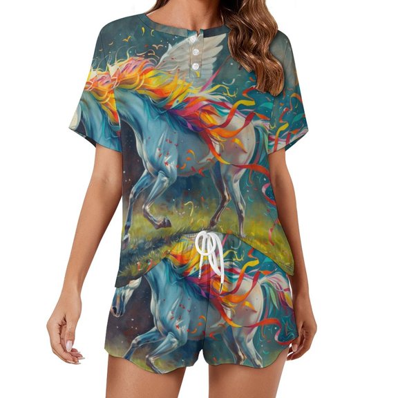 Rainbow Horse with Wings Women's Ruffle Short Sleeve Tops And Shorts Cute Peeps Bunny Pajamas Sets