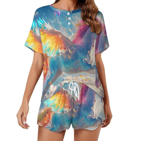 Rainbow Horse with Wings Women's Ruffle Short Sleeve Tops And Shorts Cute Peeps Bunny Pajamas Sets