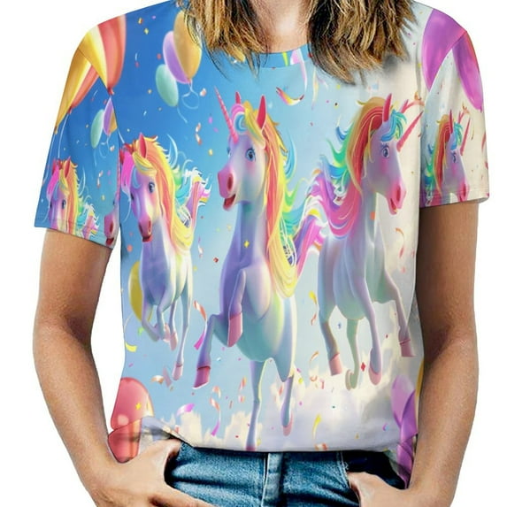 Rainbow Horse with Wings Women's Short Sleeve T-Shirt Crew Neck Casual Summer Trendy Loose Fit Tops