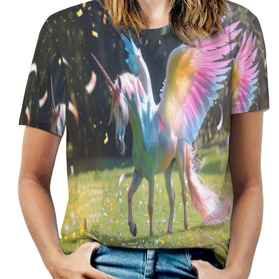 Rainbow Horse with Wings Women's Short Sleeve T-Shirt Crew Neck Casual Summer Trendy Loose Fit Tops