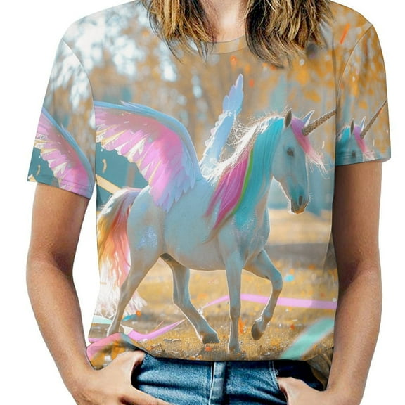 Rainbow Horse with Wings Women's Short Sleeve T-Shirt Crew Neck Casual Summer Trendy Loose Fit Tops