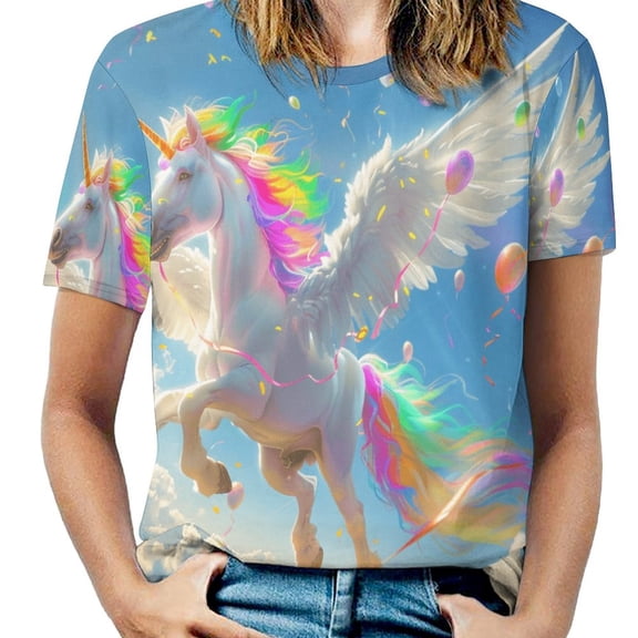 Rainbow Horse with Wings Women's Short Sleeve Tops Casual Blouses T Shirt