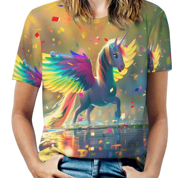 Rainbow Horse with Wings Women's Short Sleeve Tops Casual Blouses T Shirt