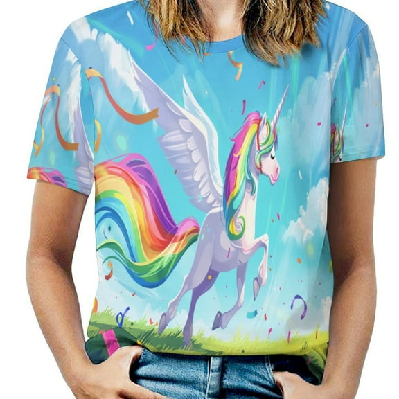 Rainbow Horse with Wings Women's Short Sleeve Tops Casual Blouses T Shirt