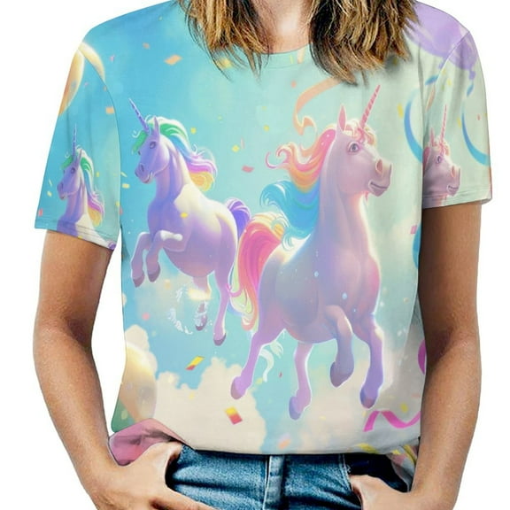 Rainbow Horse with Wings Women's T-Shirt Short Sleeve T Shirts Tops Tee Ladies Loose T