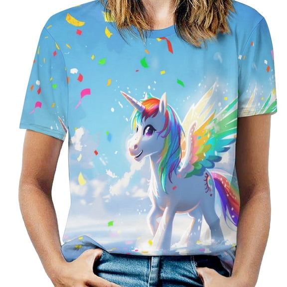 Rainbow Horse with Wings Women's T-Shirt Short Sleeve T Shirts Tops Tee Ladies Loose T
