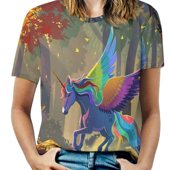 Rainbow Horse with Wings Women's T-Shirt Short Sleeve T Shirts Tops Tee Ladies Loose T