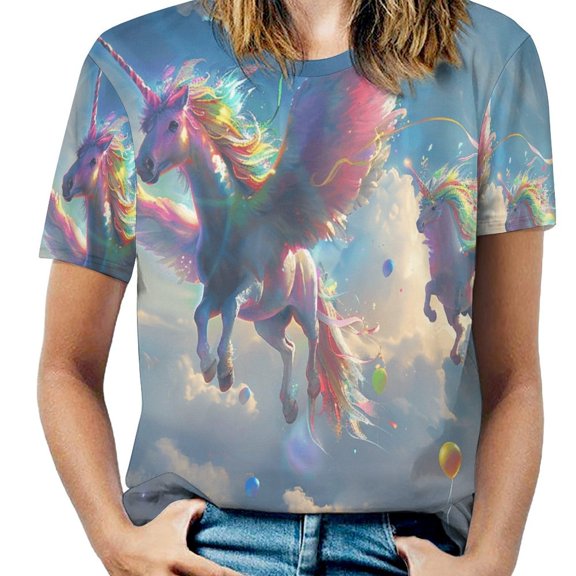 Rainbow Horse with Wings Womens Tops Women's Fashion Casual Short Sleeve Flower Print Round Neck Pullover Top Blouse