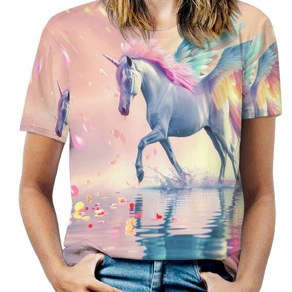 Rainbow Horse with Wings Womens Tops Women's Fashion Casual Short Sleeve Flower Print Round Neck Pullover Top Blouse
