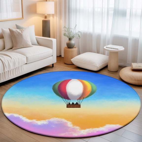 Rainbow Hot Air Balloon 3.3' Round Rug for Bedroom Reading Corner, Dreamy Sunset Sky Pink Clouds Washable Non Slip Circle Area Rug