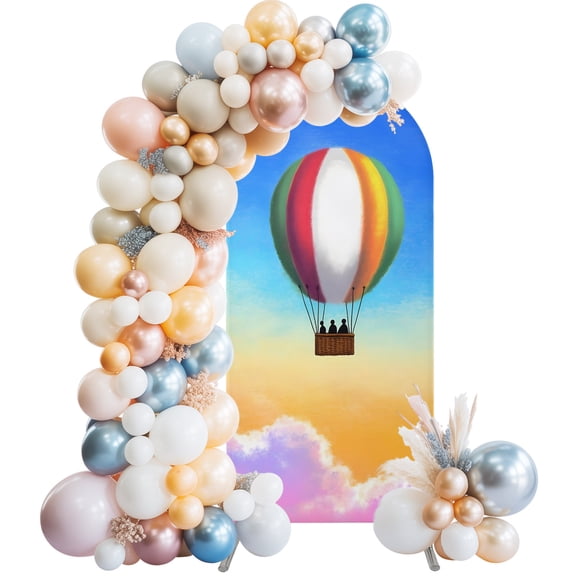 Rainbow Hot Air Balloon Arch Backdrop Cover 4 FT Dreamy Sunset Sky Pink Clouds Stretchy Elastic Arch Stand Covers Spandex Arched Background Birthday Wedding Party Decoration (No Stand)