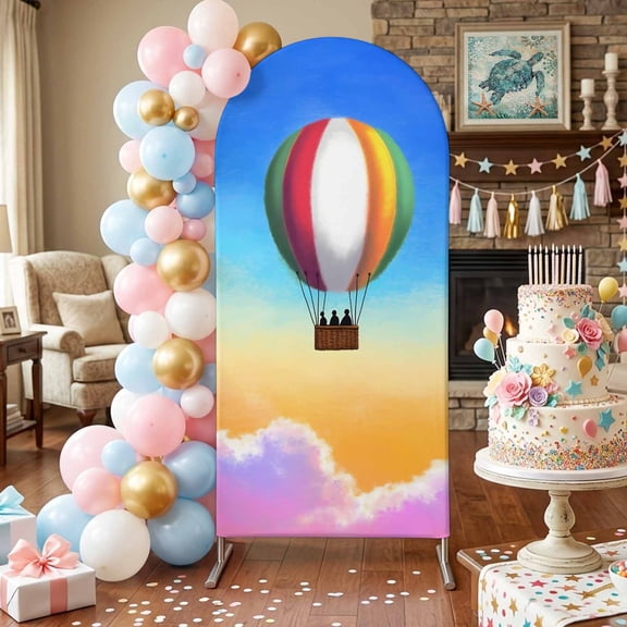 Rainbow Hot Air Balloon Arch Backdrop Covers 4 FT, Dreamy Sunset Sky Pink Clouds Stretchy Fitted Arched Stand Covers Party Arch Stand Cover Photo Booth for Wedding Birthday Decor