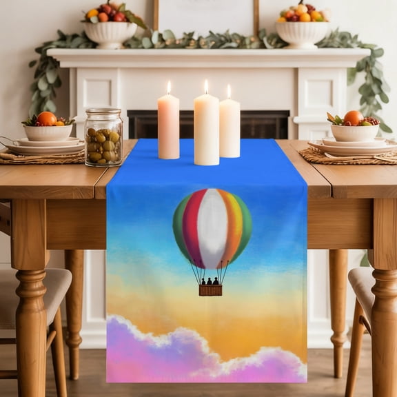 Rainbow Hot Air Balloon Dining Table Runner, Dreamy Sunset Sky Pink Clouds Washable Table Runners Kitchen Coffee Table Center Decor for Home Party Holiday Wedding 13 x 36 Inches