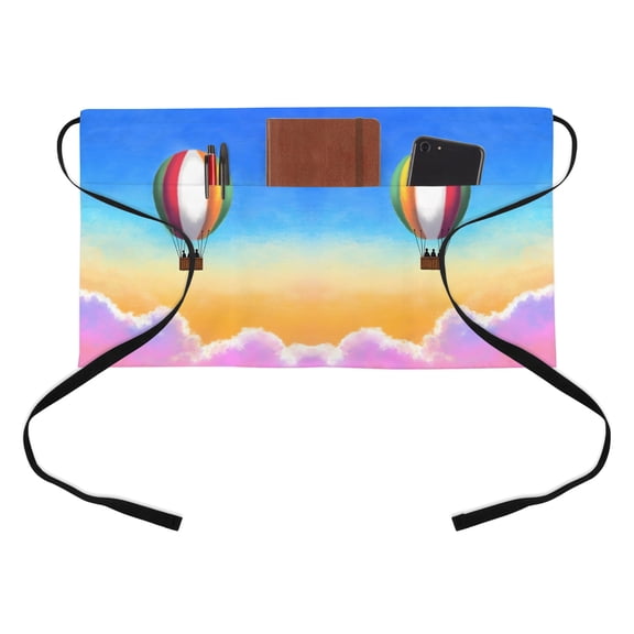 Rainbow Hot Air Balloon Kitchen Restaurant Half Waist Apron, Dreamy Sunset Sky Pink Clouds Server Short Apron with 3 Pockets Waterproof Oil Waist Aprons for Women Waitress Waiter