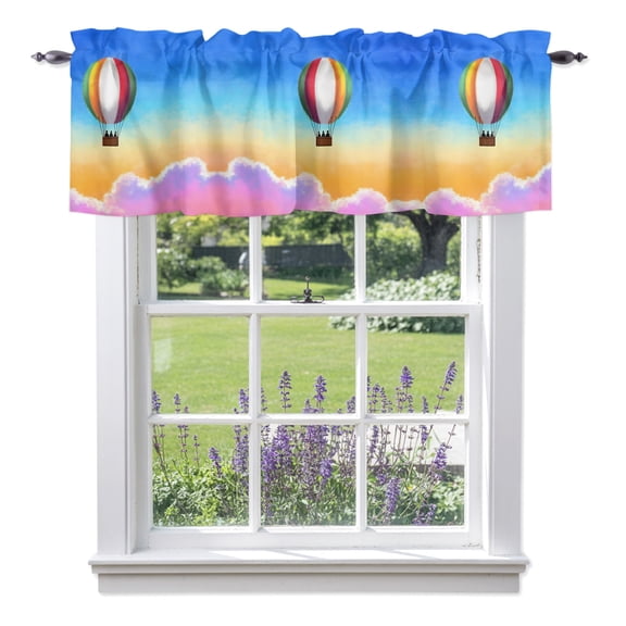 Rainbow Hot Air Balloon Valance Curtain 1 Panel, Dreamy Sunset Sky Pink Clouds Kitchen Valance with Rod Pocket Window Treatment Short Curtains for Bathroom Bedroom, 42 x 12 Inches