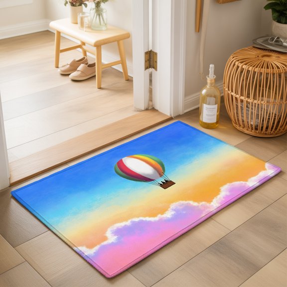 Rainbow Hot Air Balloon Washable Small Entryway Area Rugs 2'x3', Dreamy Sunset Sky Pink Clouds Washable Throw Rug Non-Slip Sturdy Edge Binding Carpet for Front Door Floor Room Entry