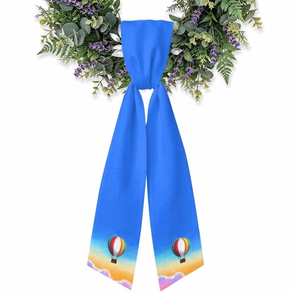 Rainbow Hot Air Balloon Wreath Sash for Front Door, Dreamy Sunset Sky Pink Clouds Satin Wreath Ribbon Bow Accessory Garland Home Decor for Doorway Porch Yard 4.5x56