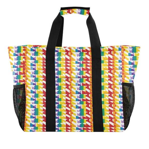 Rainbow Hounds Tooth Reusable Grocery Bags with Handle Side Pocket Waterproof Shopping Portable Tote