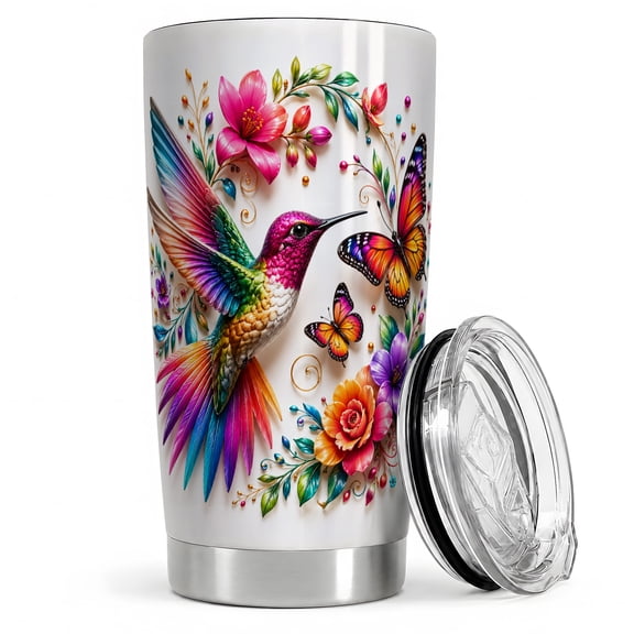Rainbow Hummingbird 20oz Tumbler, Rainbow Hummingbird Tumbler, Daily Coffee Cup for Travel, Floral Garden Scene with Butterflies, Pink Hibiscus, Tropical Wings, Bird Art for Women