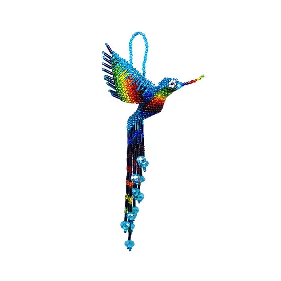 Rainbow Hummingbird Hanging Figurine Ornament Czech Glass Seed Bead Fringe Tail Dangles - Handmade Gifts Spirit Animal Boho Accessories