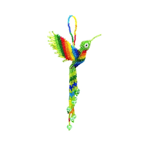 Rainbow Hummingbird Hanging Figurine Ornament Czech Glass Seed Bead Fringe Tail Dangles - Handmade Gifts Spirit Animal Boho Accessories