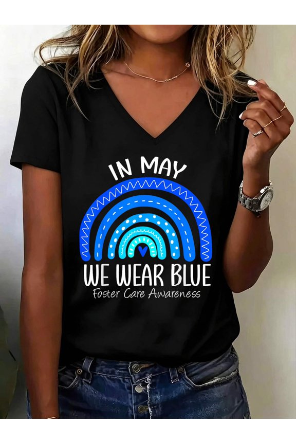 Rainbow In May We Wear Blue Foster Care Awareness Month V Neck T-Shirt Cotton Women's V Neck Graphic Tee, Casual Short Sleeve Shirt,Vacation Outfit
