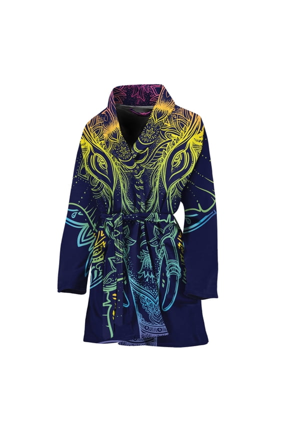 Rainbow Indian Elephant Women Bathrobe One Size Univeral Fits, Indian Bohemian Floral Fashion Lightweight Plush Fleece Long Robe For Women