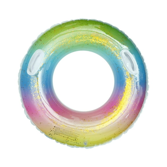 Rainbow Inflatable Pool Float with Handles and Gold Glitter, Sparkly Transparent Swim Ring for Kids & Adults, Heavy Duty Water Tube for Summer Pool & Beach Party