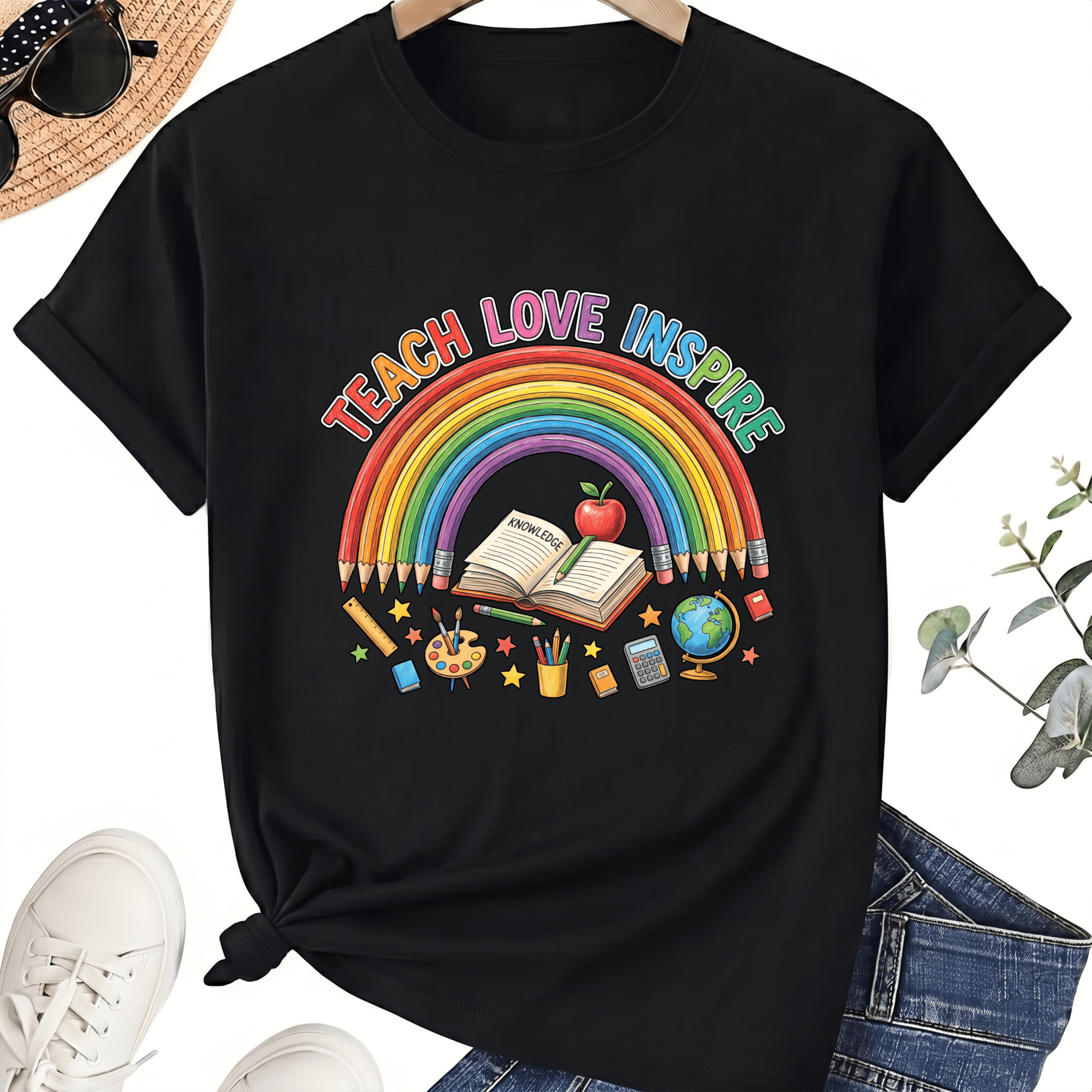 Rainbow Inspire Teacher T-Shirt for Women, 100% Cotton Crew Neck Short Sleeve Shirt, Book and Classroom Supplies Graphic